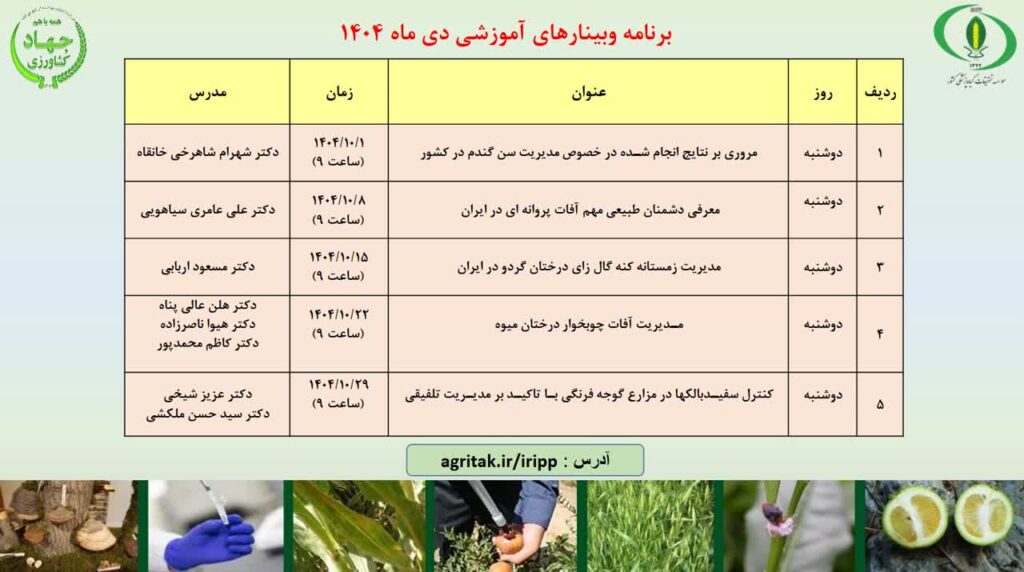 برنامه وبینارهای آموزشی دی‌ماه ۱۴۰۴ موسسه تحقیقات گیاه‌پزشکی کشور